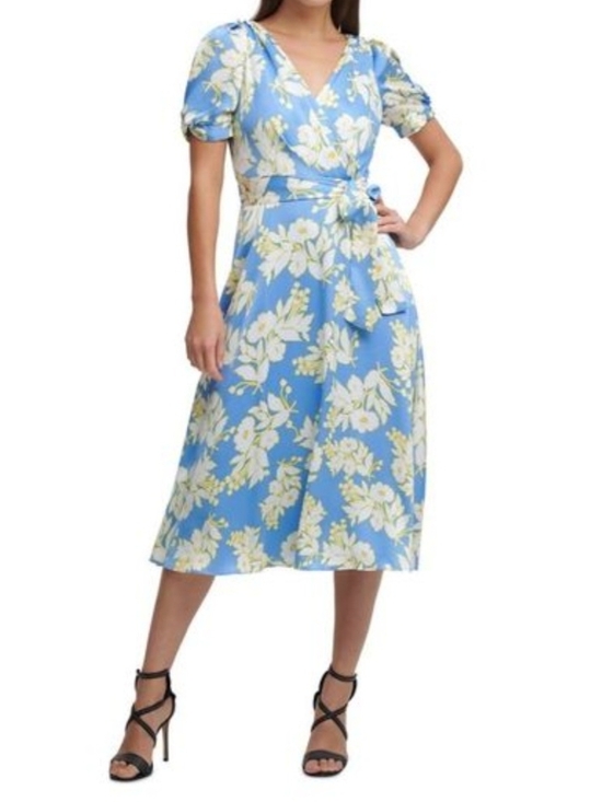 Dkny Dresses & Skirts - Dkny Blue Floral Wrap Midi Dress with Puff Sleeves